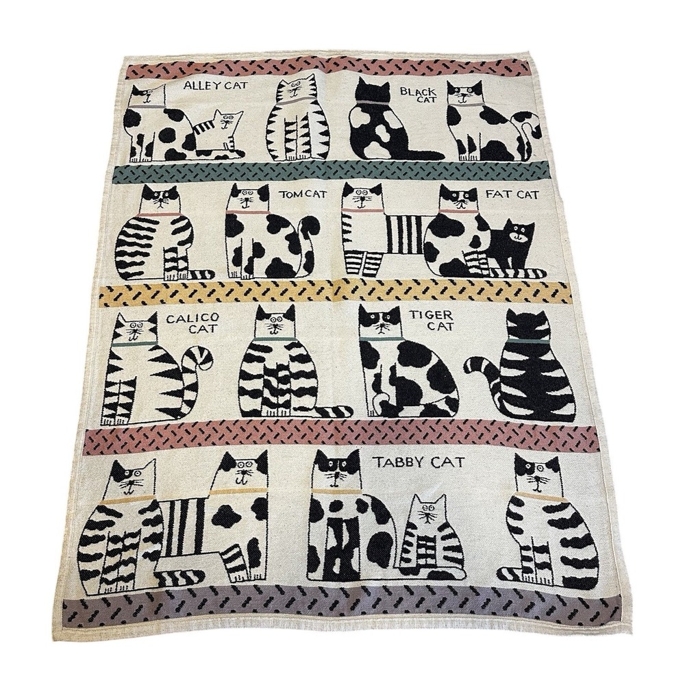 Vintage 1988 Pat Meyers Cats Throw Blanket Navy White Cotton 60x45"